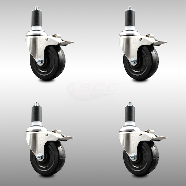 Service Caster 4 Inch 316SS Hard Rubber Wheel Swivel 1-3/8 Inch Stem Caster Set Lock Brake SCC SCC-SS316TTLEX20S414-HRS-138-4 - main